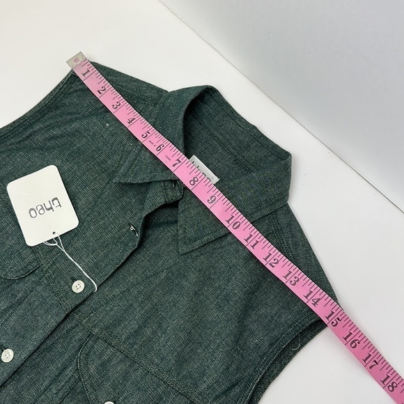 Vtg Theo Denim Button Up Sleeveless Shirt Top NWT Chest Pockets Curved H… - Picture 7 of 9